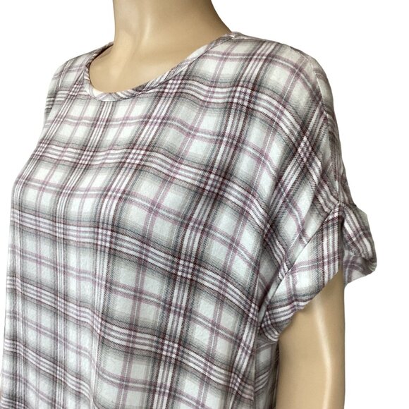 Cloth & Stone Top Size Medium Plaid Short-Sleeve Gray & White Raw Edge - Picture 5 of 7